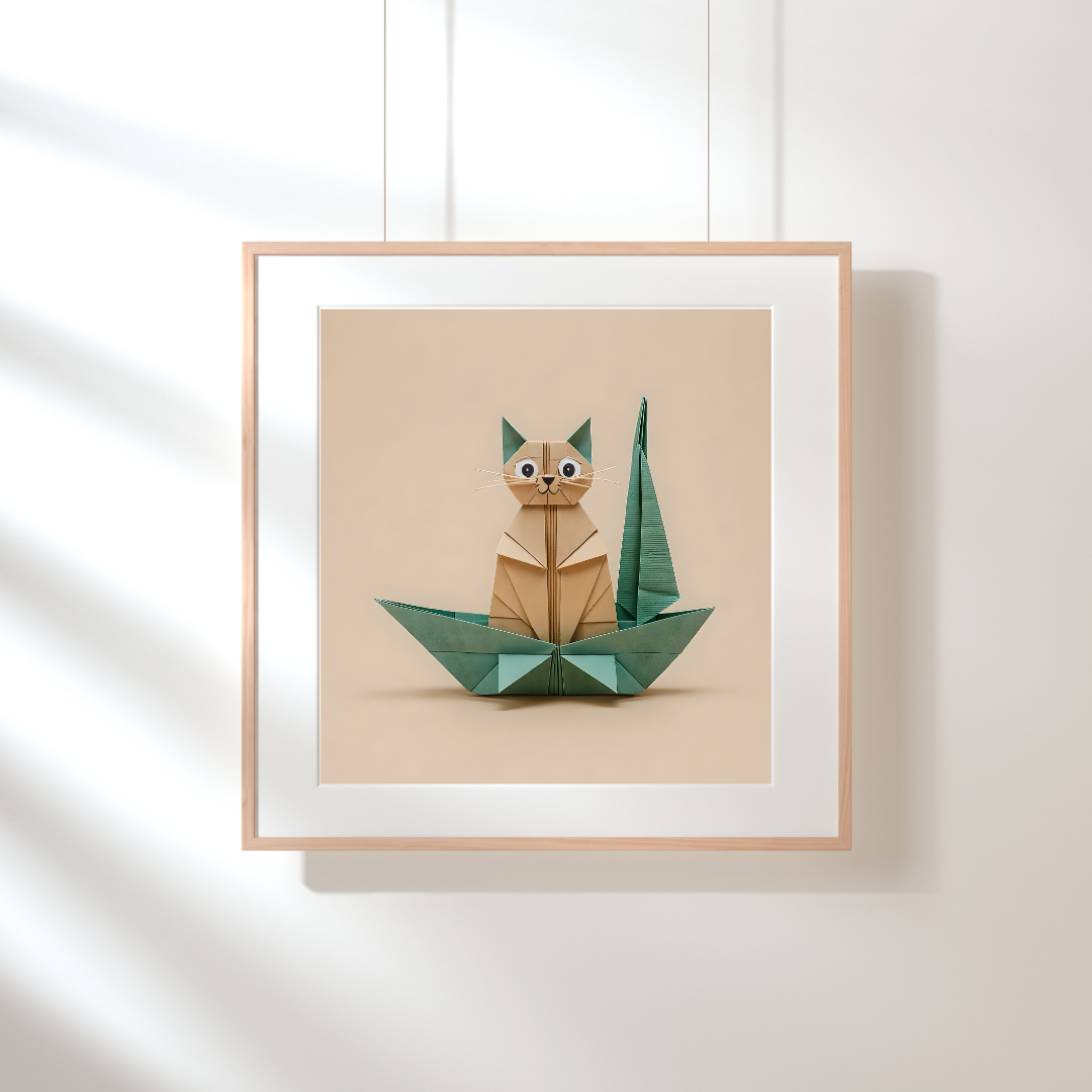 Cat Art Print - Origami Cat on Sailboat