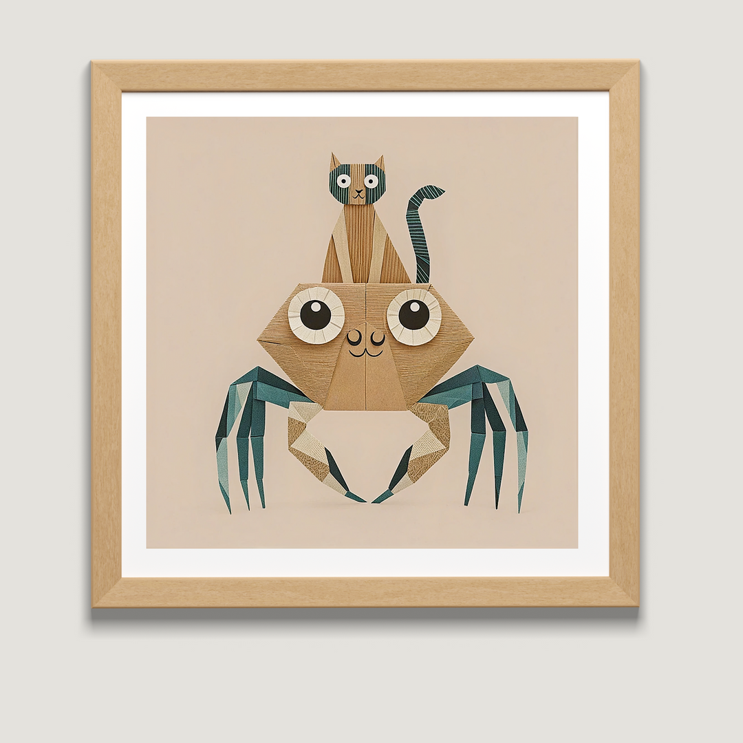 Origami-Katze und Krabbe Kunstdruck