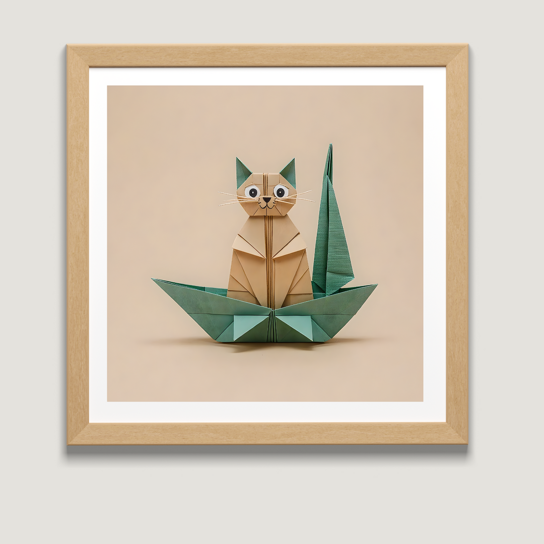 Cat Art Print - Origami Cat on Sailboat