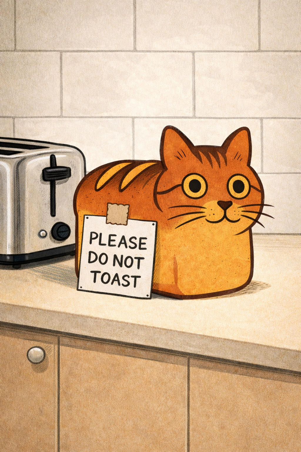 Cat Loaf Comic - a Cat as Bread on a counter with sign "Please do not toast"