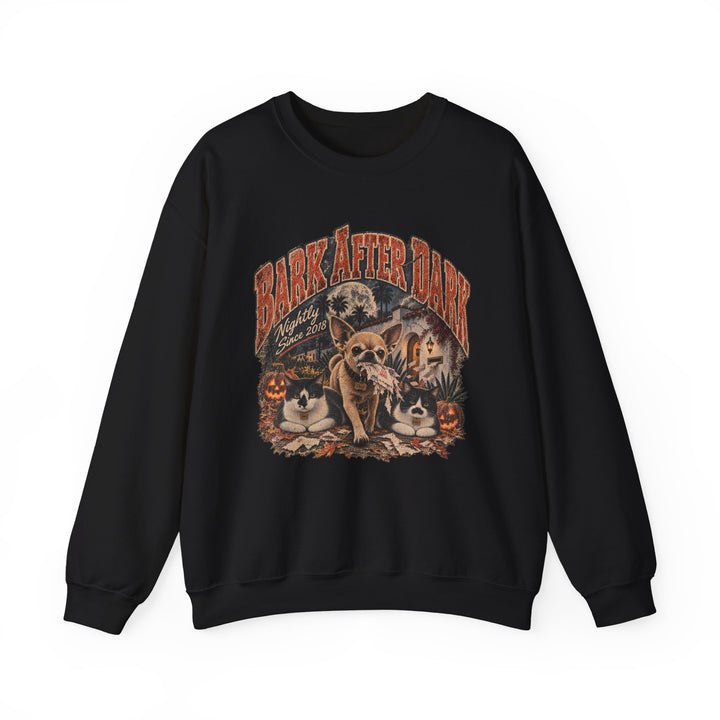 Crewneck Sweatshirt — "Bark After Dark" Vintage Halloween Dog Graphic