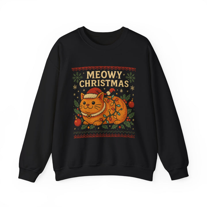 Meowy Christmas Cat Sweatshirt – Festive Holiday Crewneck for Cat Lovers Black