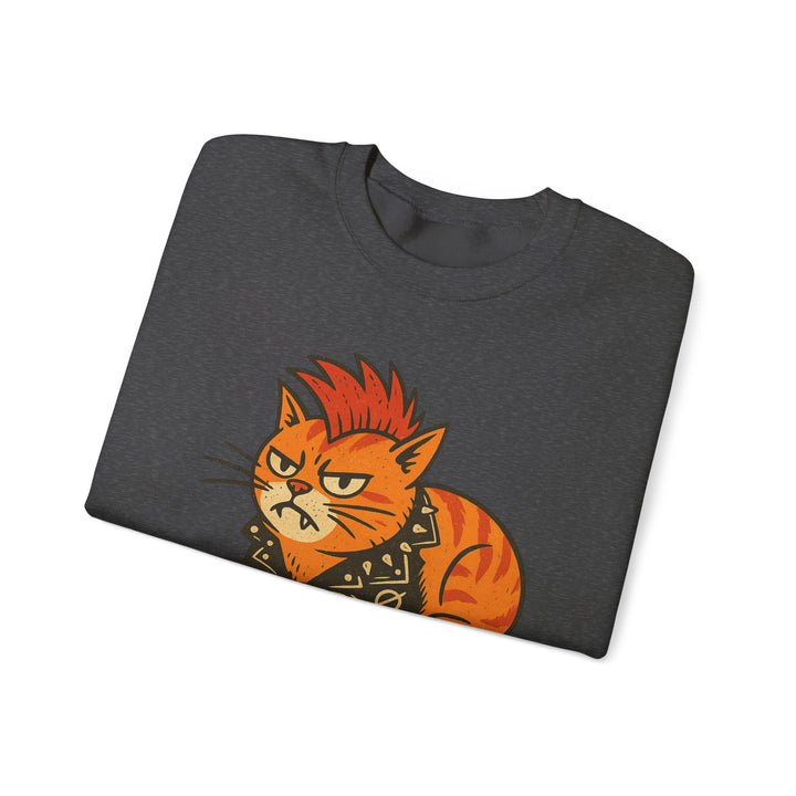 Punk Cat Crewneck Sweatshirt - Grumpy Orange Cat Graphic Dark Heather