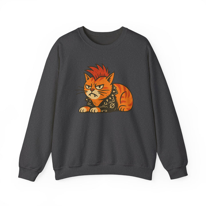 Punk Cat Crewneck Sweatshirt - Grumpy Orange Cat Graphic Dark Heather