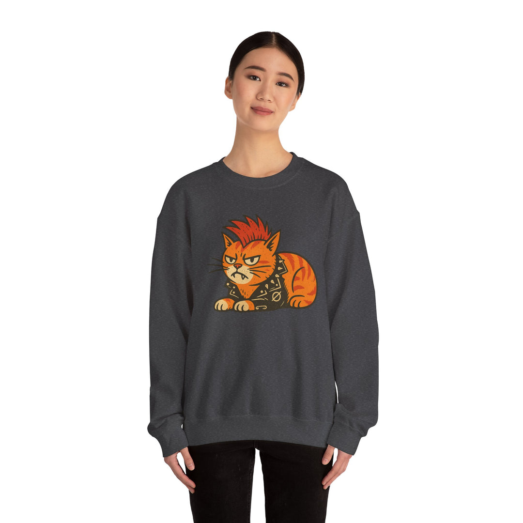 Punk Cat Crewneck Sweatshirt - Grumpy Orange Cat Graphic Dark Heather