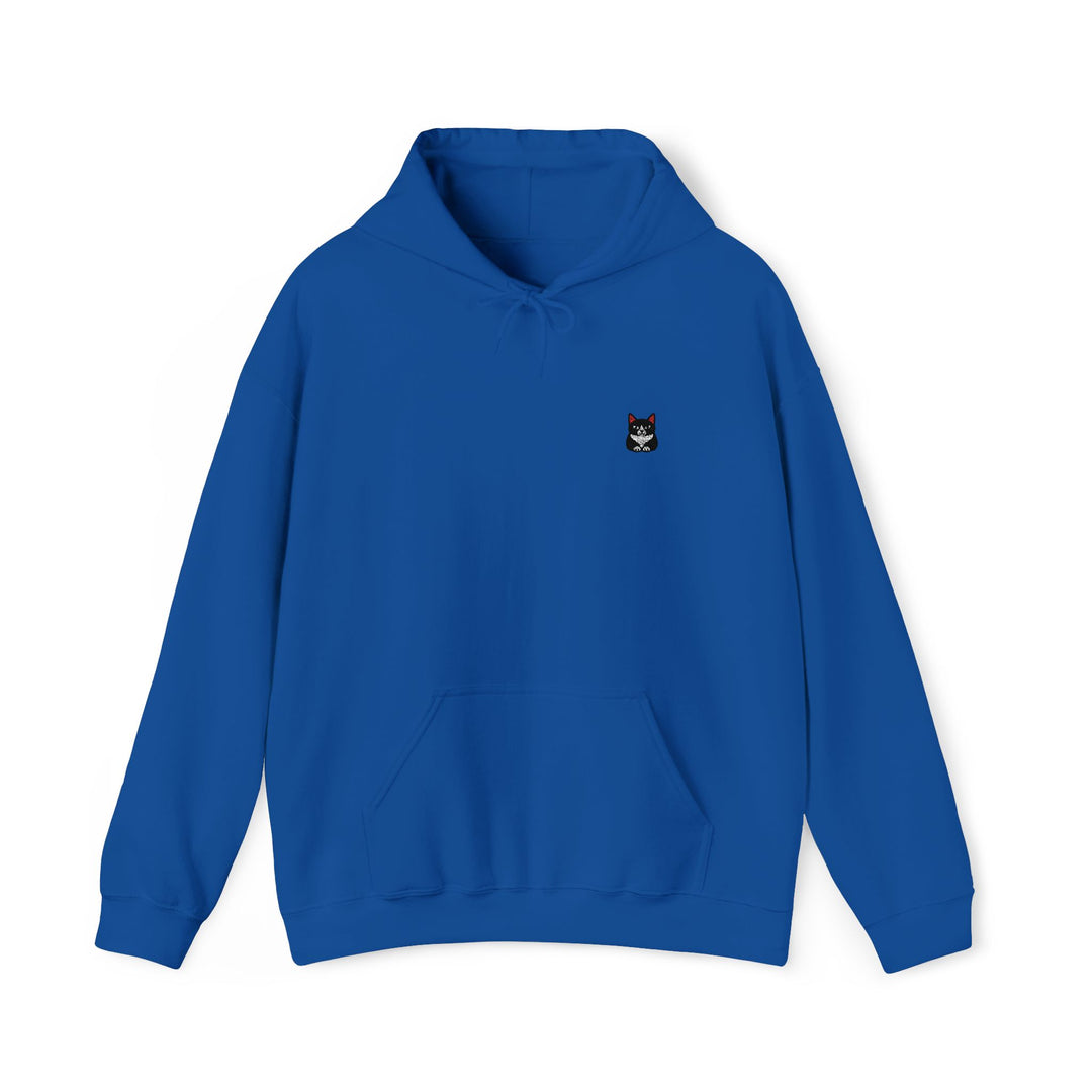Blue hoodie with a small black logo on a white background