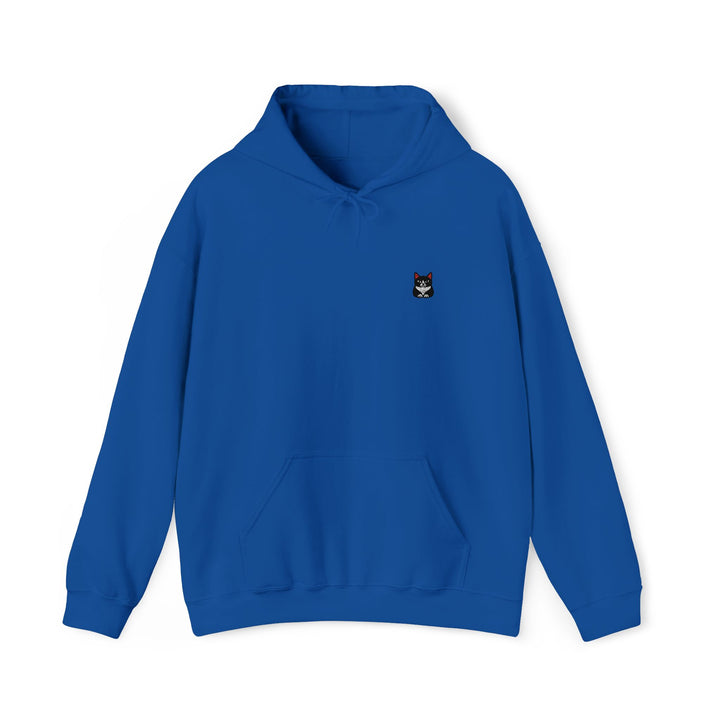 Blue hoodie with a small black logo on a white background