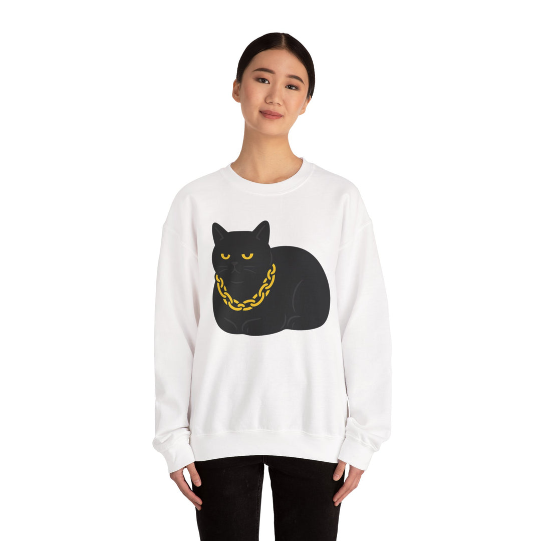 Crewneck Sweatshirt - Black Cat with Gold Chain Graphic Sand
