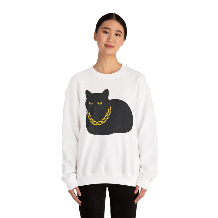 Crewneck Sweatshirt - Black Cat with Gold Chain Graphic Sand