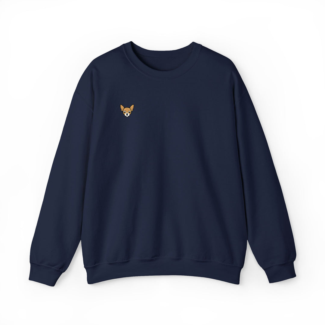 Chihuahua Patch Crewneck Sweatshirt — Minimal Embroidered Chihuahua Chest Design Navy