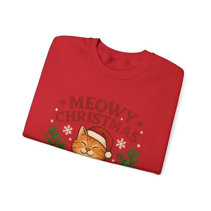 Christmas Sweatshirt — "Meowy Christmas" Cat Holiday Crewneck Red