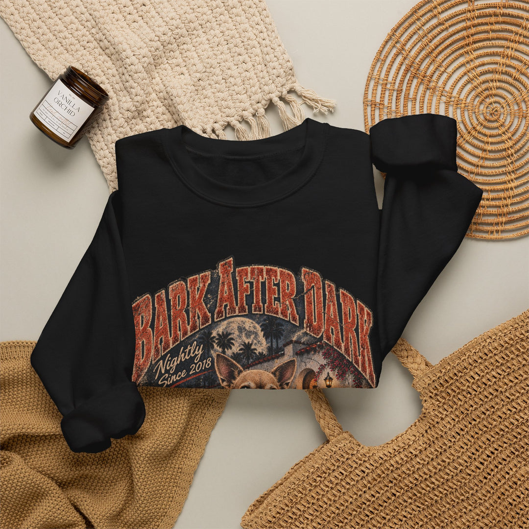 Crewneck Sweatshirt — "Bark After Dark" Vintage Halloween Dog Graphic