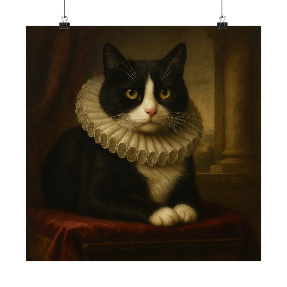 Regal Cat Portrait Poster - Vintage Tuxedo Cat in Ruffled Collar (Matte Vertical) 16″ x 16″ Matte