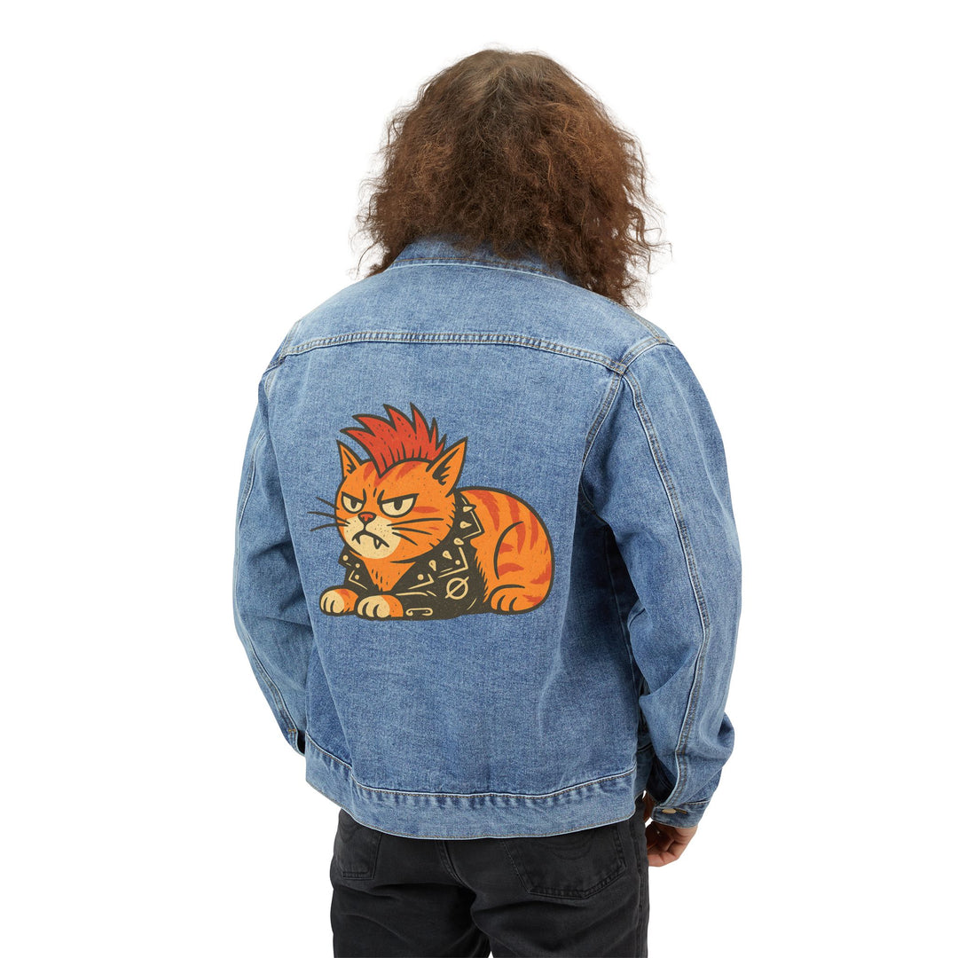 Men's Denim Jacket with Punk Cat Back Graphic - Retro Rocker Jean Jacket Medium Denim Wash