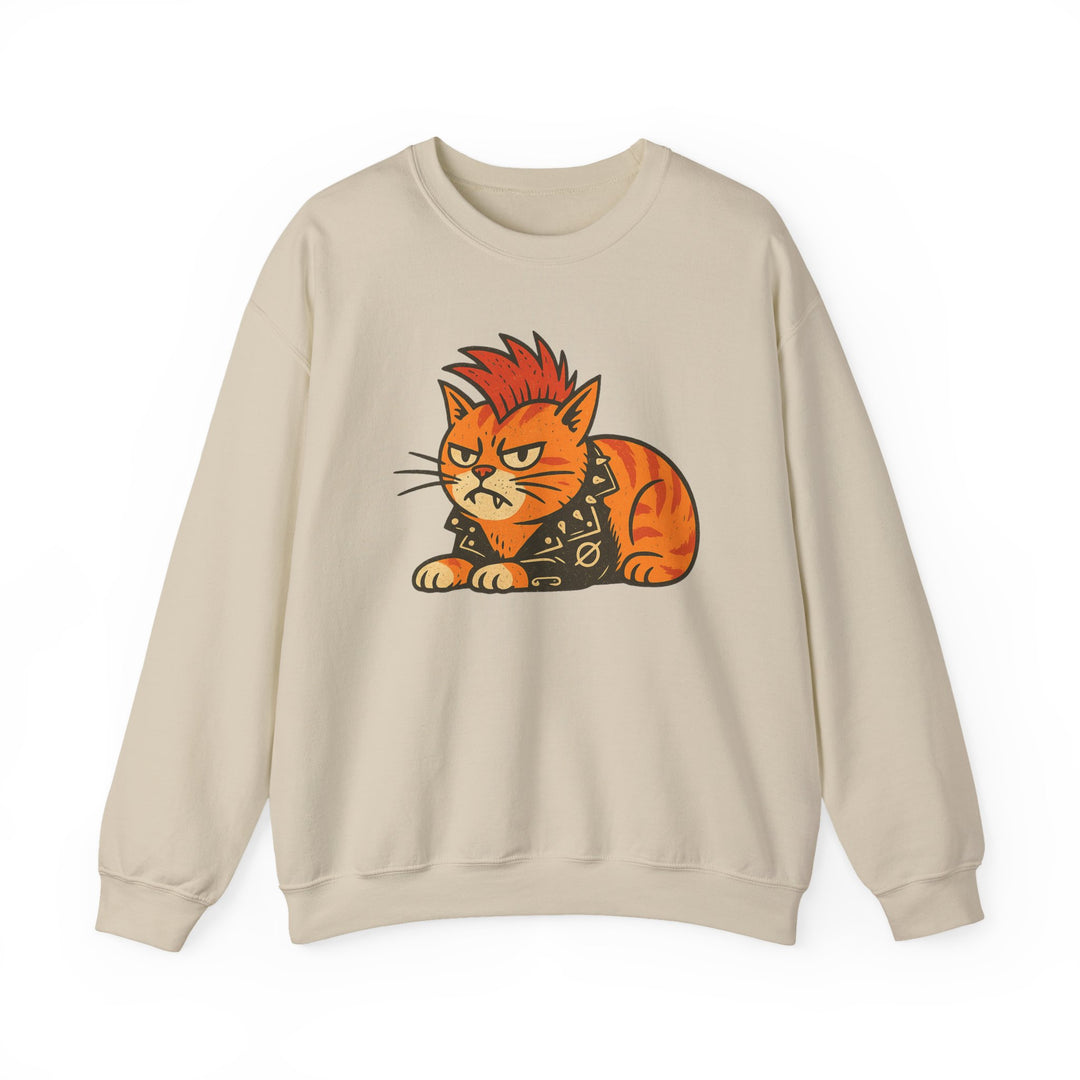 Sudadera de cuello redondo con gato punk - Gráfico de gato naranja gruñón