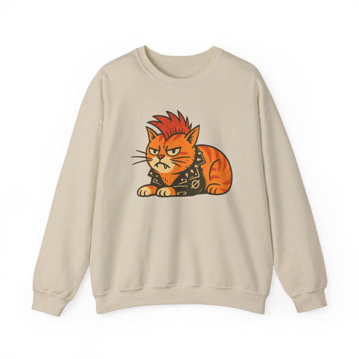 Sudadera de cuello redondo con gato punk - Gráfico de gato naranja gruñón