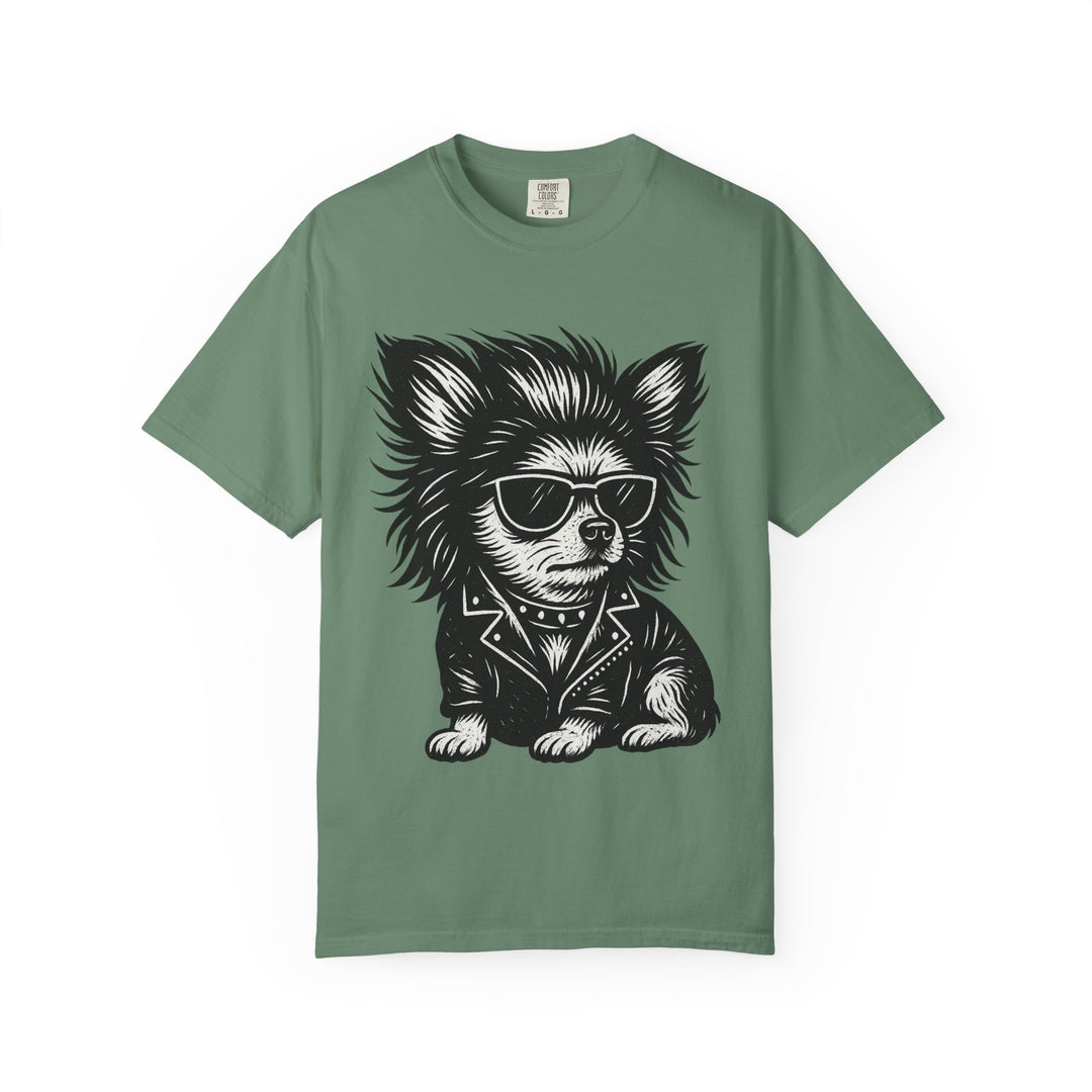 Cool Chihuahua Graphic T-Shirt — Sunglasses & Leather Jacket Dog Tee Light Green