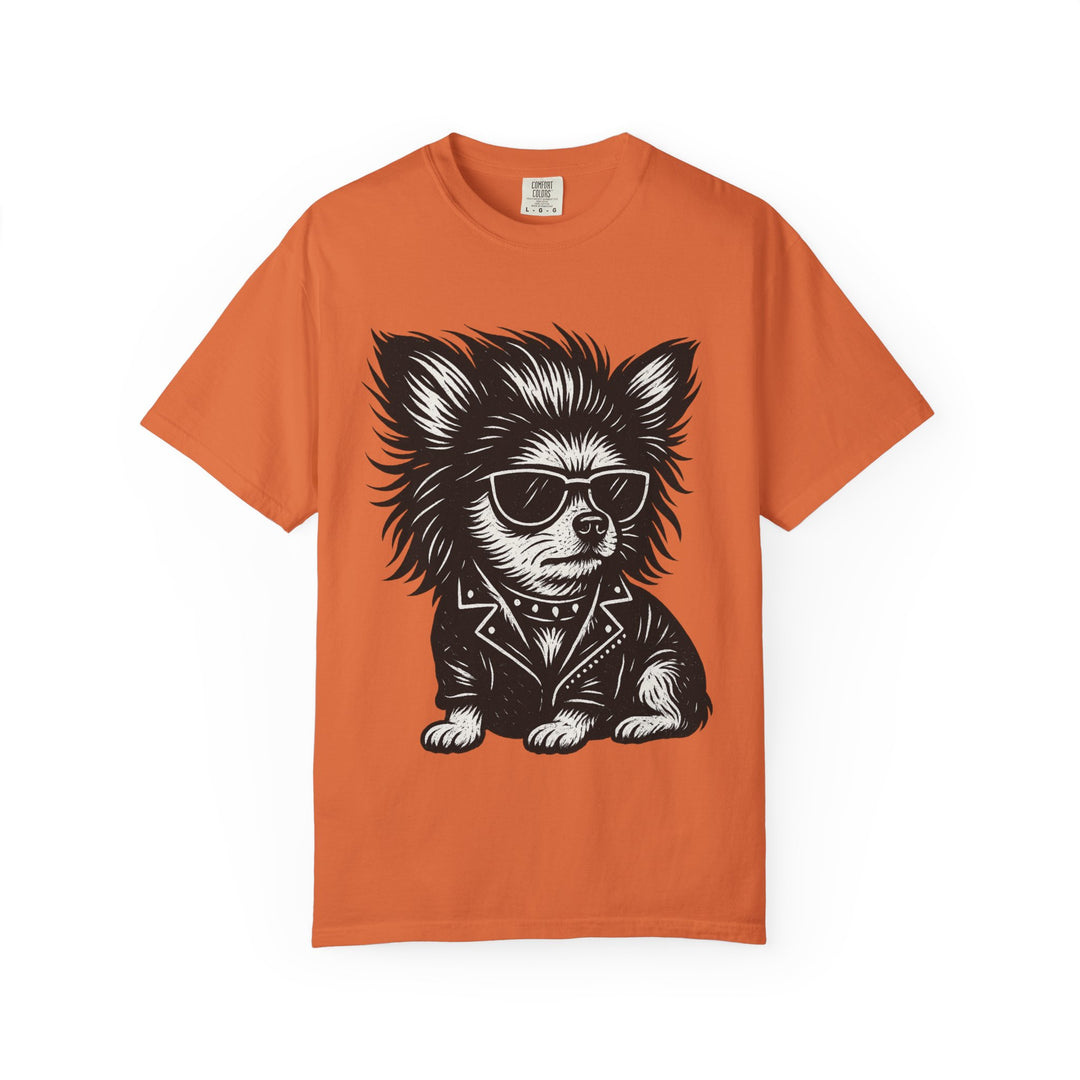 Cool Chihuahua Graphic T-Shirt — Sunglasses & Leather Jacket Dog Tee Burnt Orange