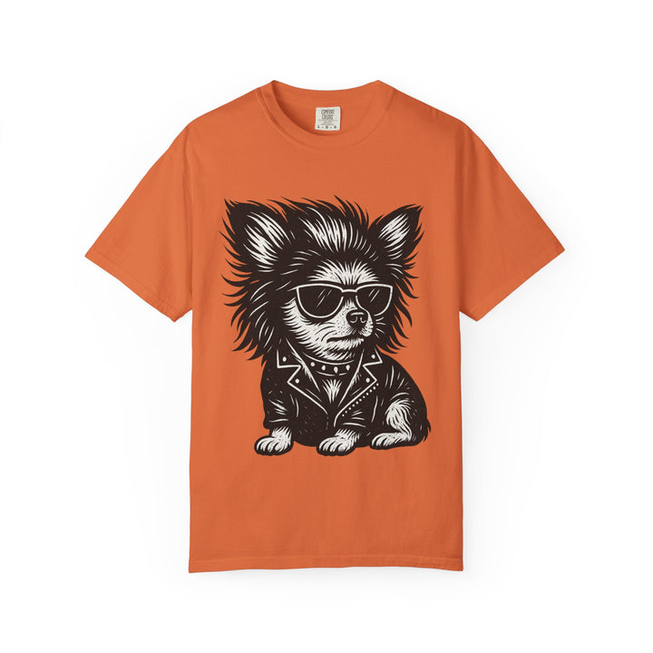 Cool Chihuahua Graphic T-Shirt — Sunglasses & Leather Jacket Dog Tee Burnt Orange