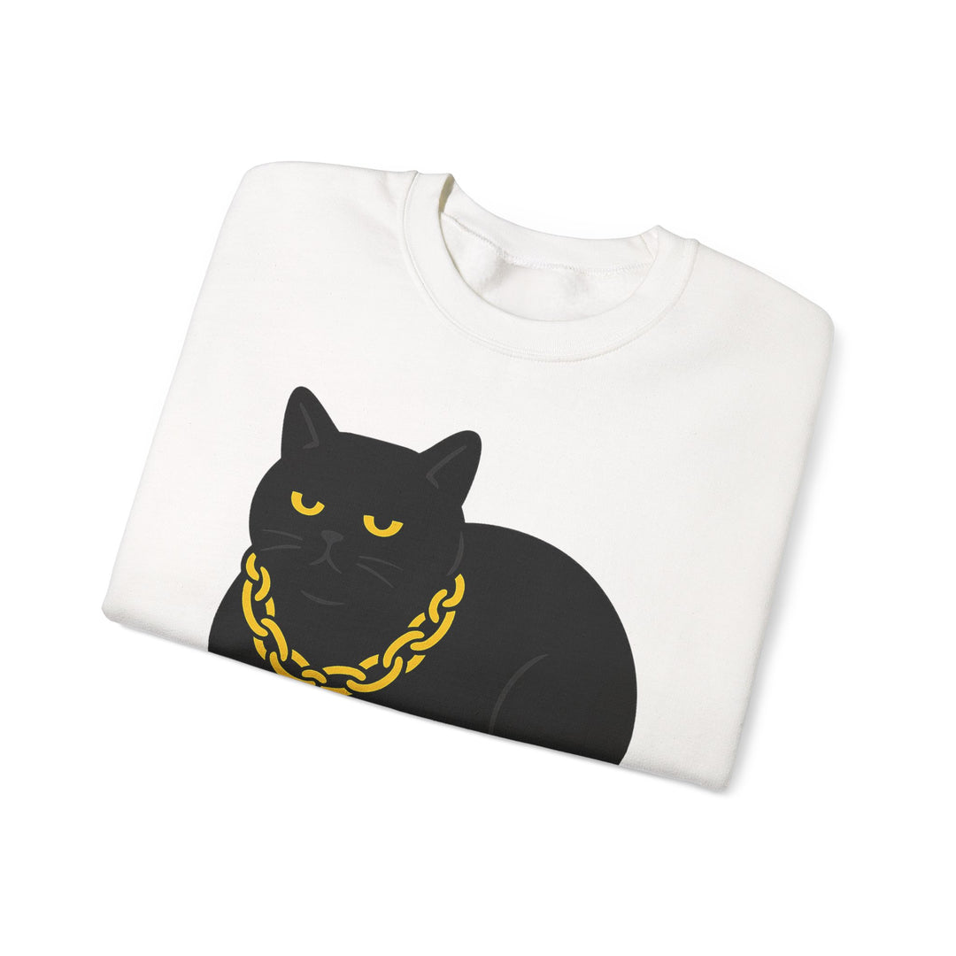 Crewneck Sweatshirt - Black Cat with Gold Chain Graphic Sand