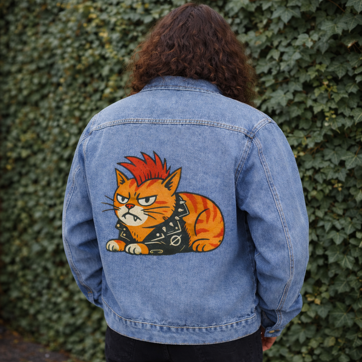 Chaqueta vaquera para hombre con estampado de gato punk en la espalda - Chaqueta vaquera retro rockera