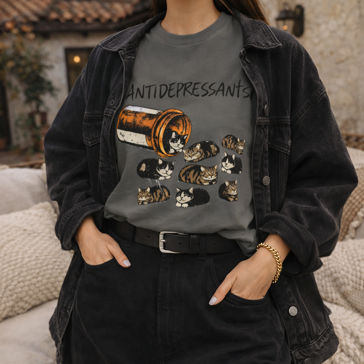 T-Shirt - "Antidepressants" Cat Pills Graphic Tee |  Mental Health Shirt