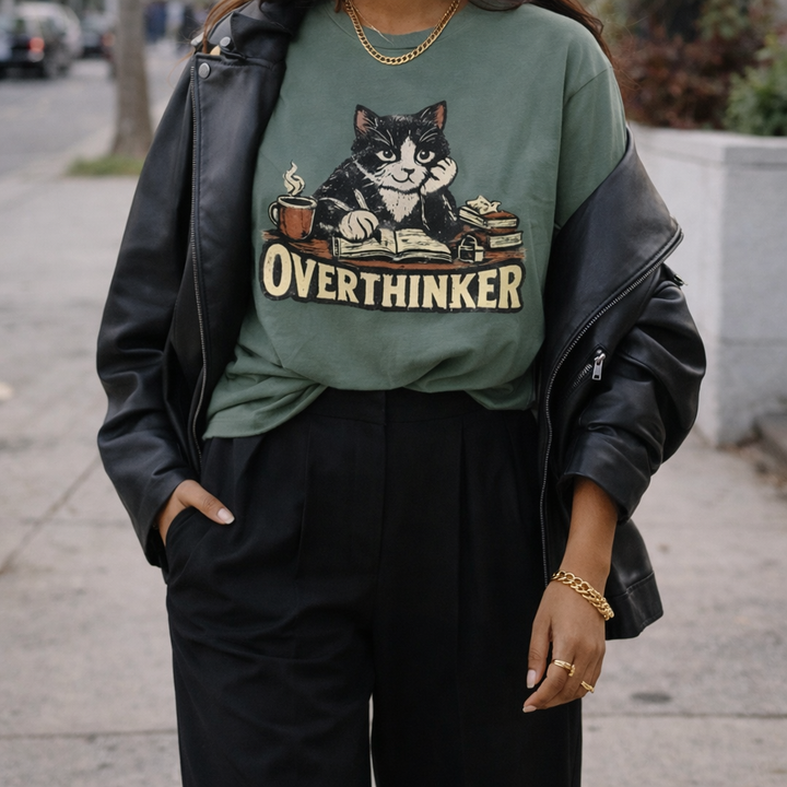 Overthinker Cat T-Shirt — Cute Cat Graphic Tee for Cat Lovers & Introverts