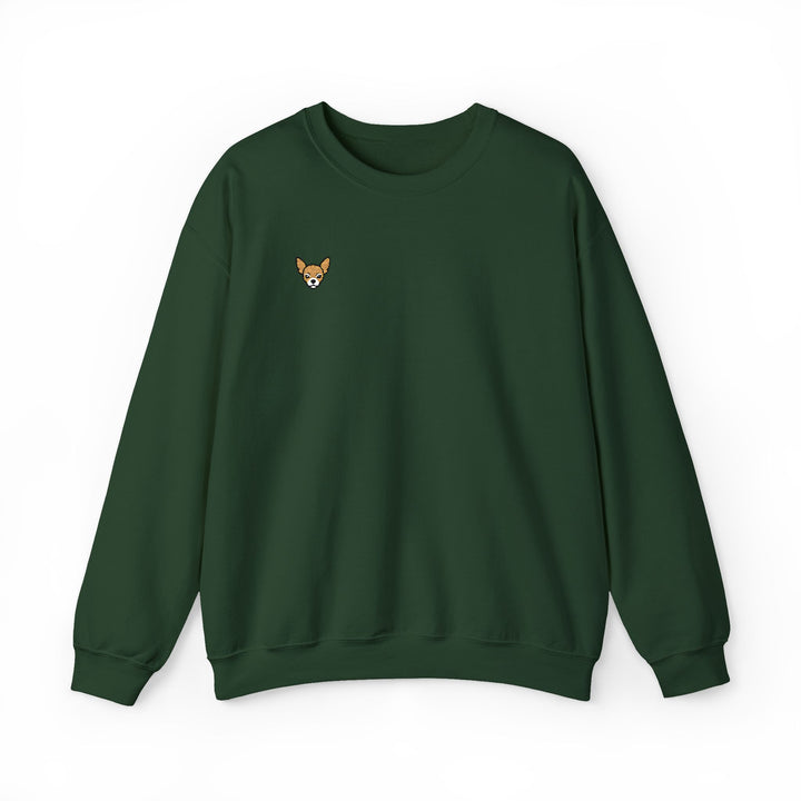 Chihuahua Patch Crewneck Sweatshirt — Minimal Embroidered Chihuahua Chest Design Forest Green