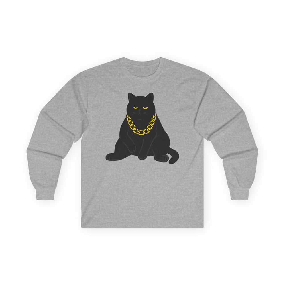 Black Cat With Gold Chain Long Sleeve Tee Sport Grey
