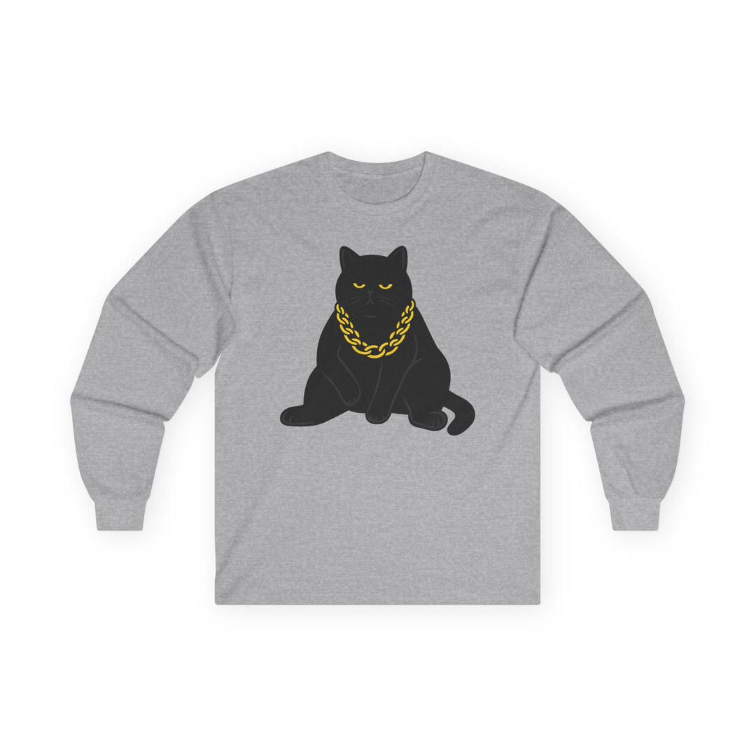 Black Cat With Gold Chain Long Sleeve Tee Sport Grey