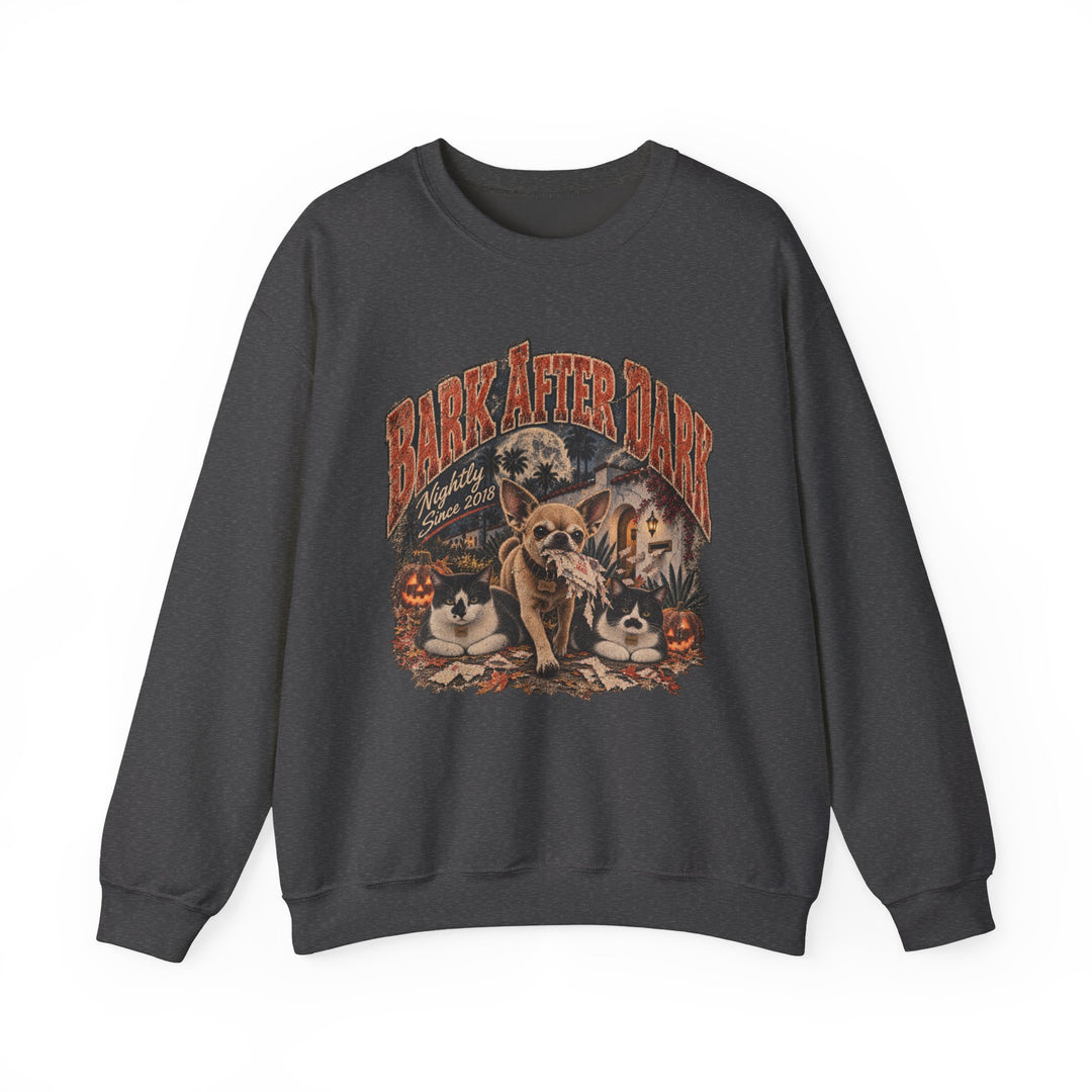 Crewneck Sweatshirt — "Bark After Dark" Vintage Halloween Dog Graphic