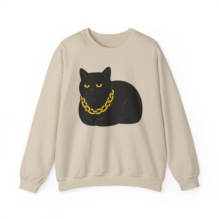 Crewneck Sweatshirt - Black Cat with Gold Chain Graphic Sand