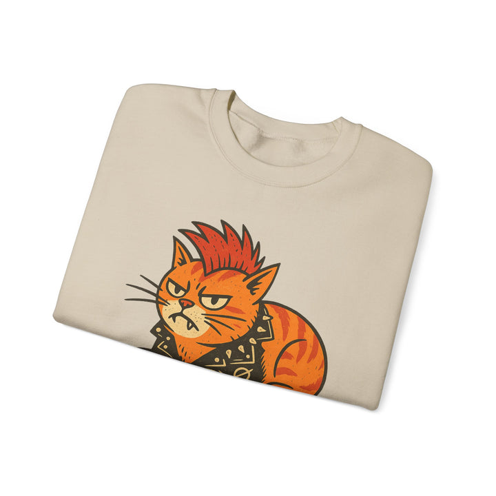 Punk Cat Crewneck Sweatshirt - Grumpy Orange Cat Graphic Dark Heather