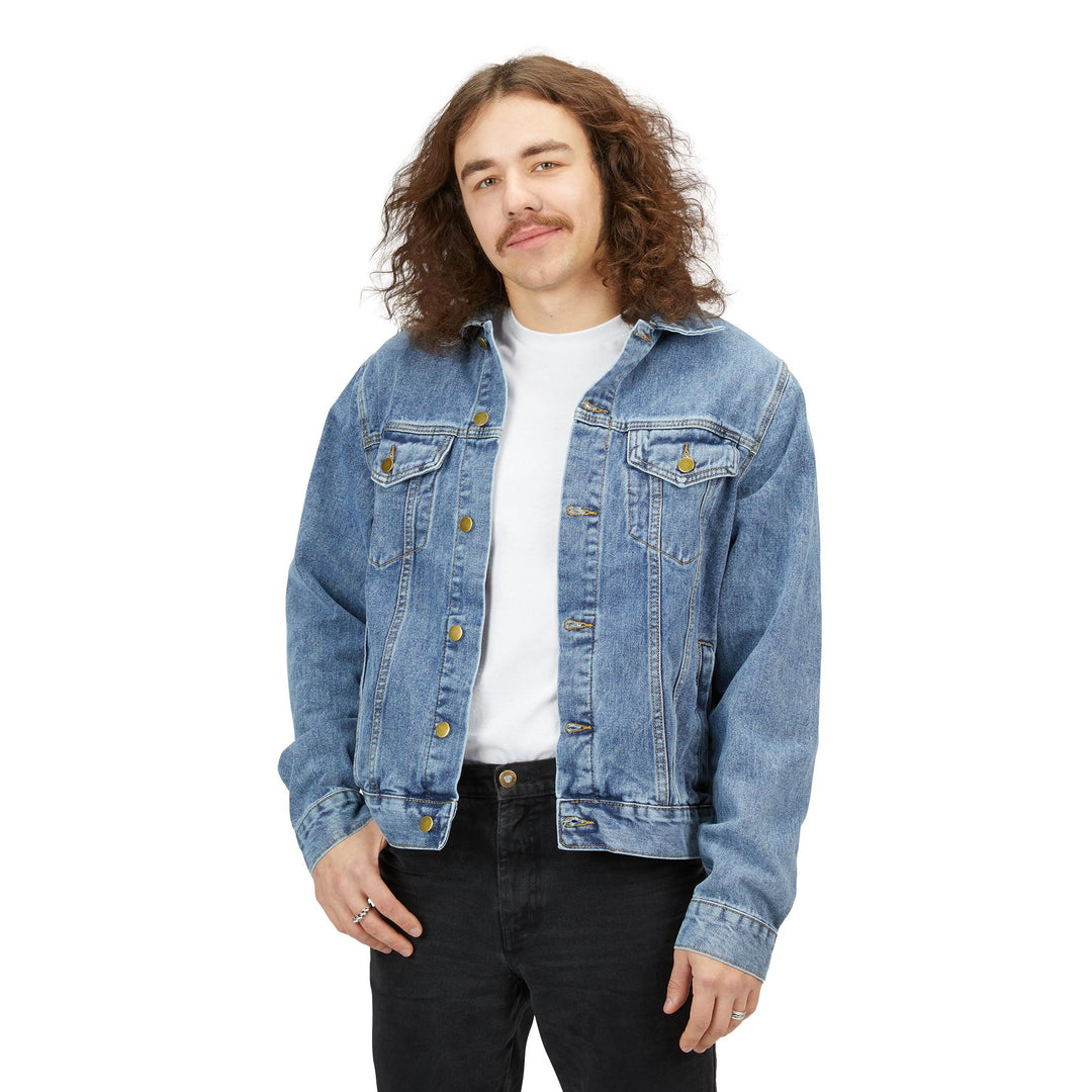 Men's Denim Jacket with Punk Cat Back Graphic - Retro Rocker Jean Jacket Medium Denim Wash