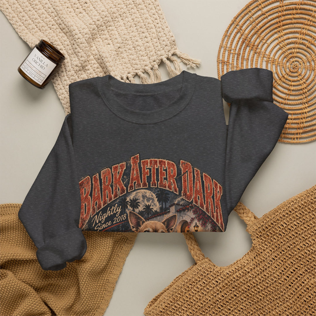 Crewneck Sweatshirt — "Bark After Dark" Vintage Halloween Dog Graphic