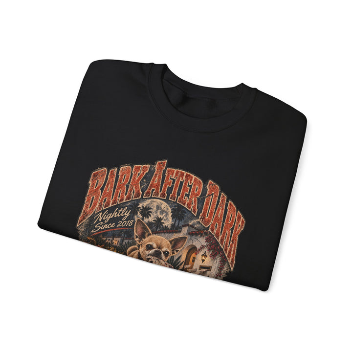 Crewneck Sweatshirt — "Bark After Dark" Vintage Halloween Dog Graphic