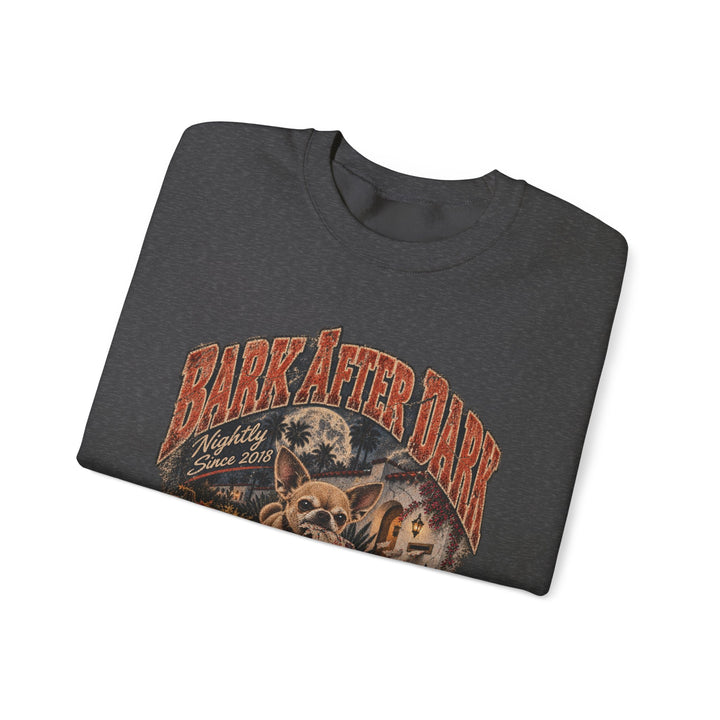 Crewneck Sweatshirt — "Bark After Dark" Vintage Halloween Dog Graphic
