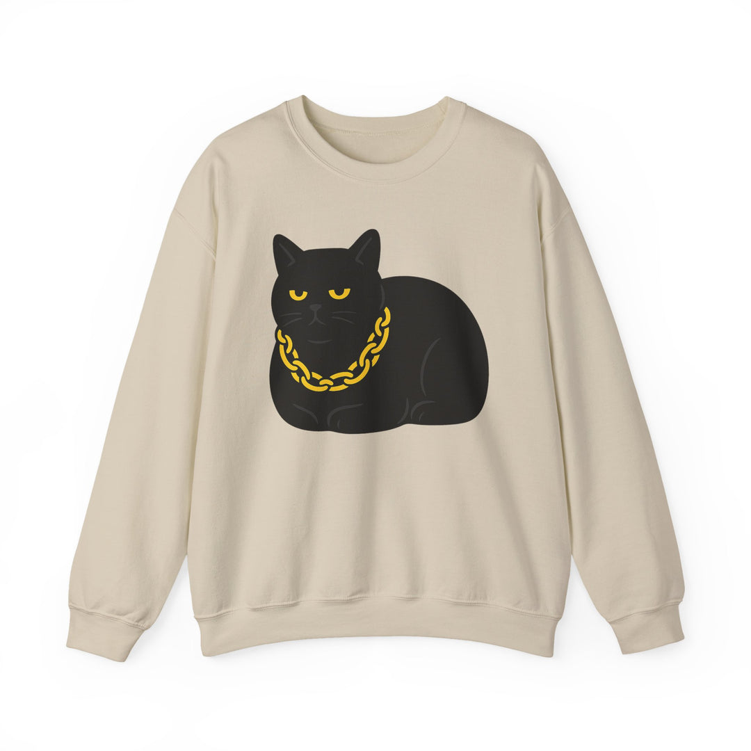 Crewneck Sweatshirt - Black Cat with Gold Chain Graphic Sand
