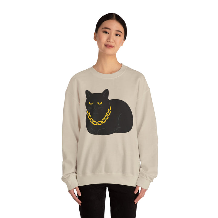 Crewneck Sweatshirt - Black Cat with Gold Chain Graphic Sand