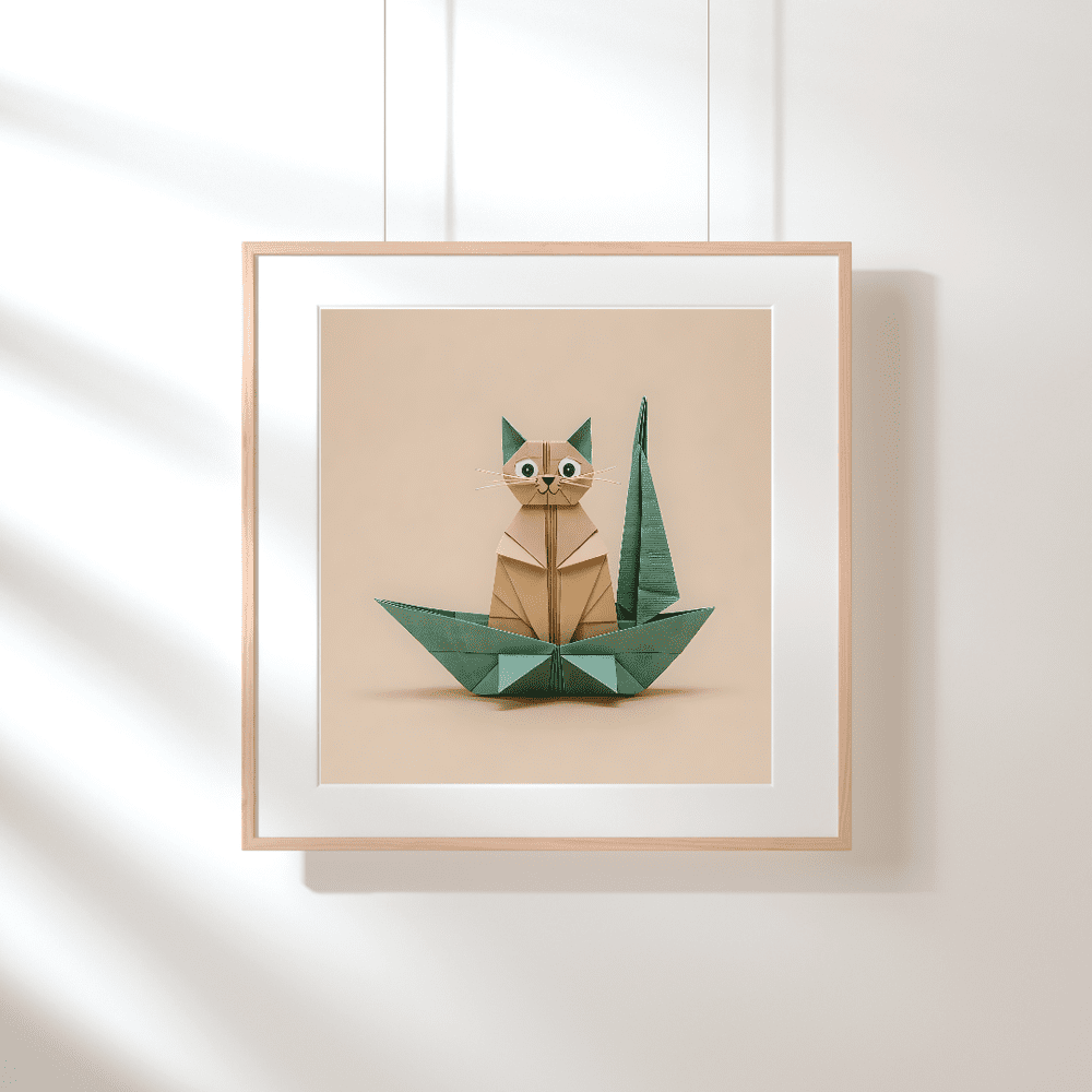 Cat Art Print - Origami Cat on Sailboat