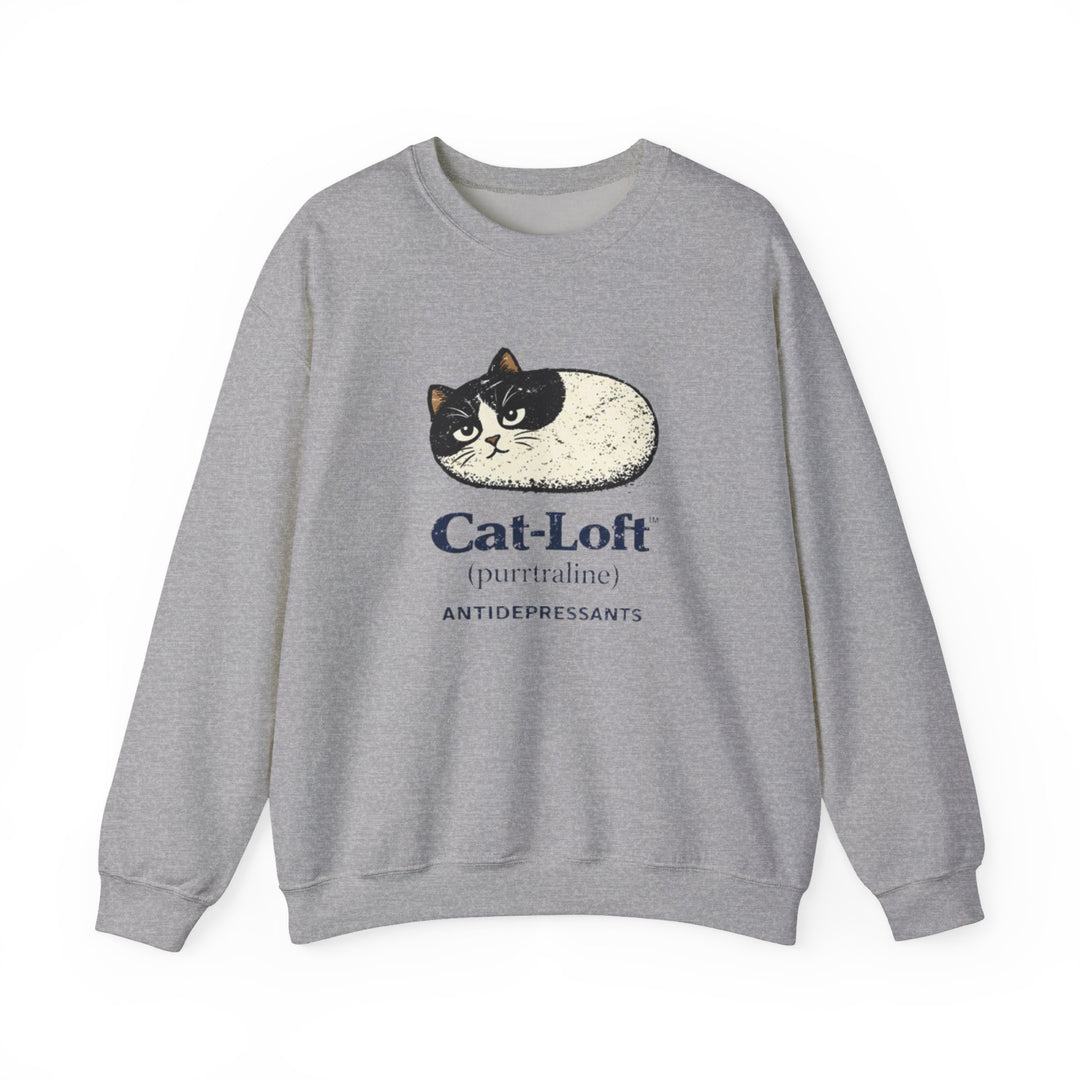 Gray sweatshirt with a cat graphic and 'Cat-Loft' text on a white background