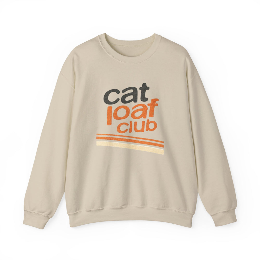 Beige sweatshirt with 'cat loaf club' text on a white background
