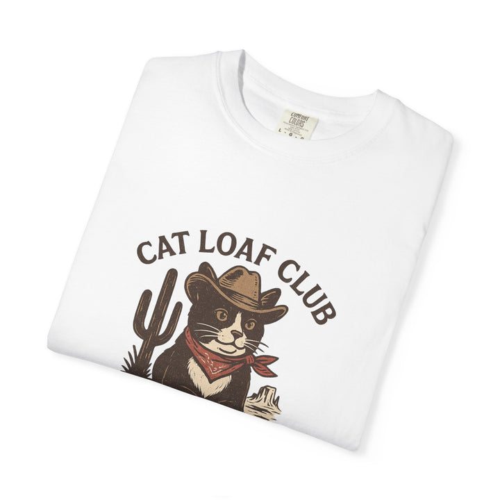 White t-shirt with 'Cat Loaf Club' graphic featuring a cat in a cowboy hat and bandana on a white background.