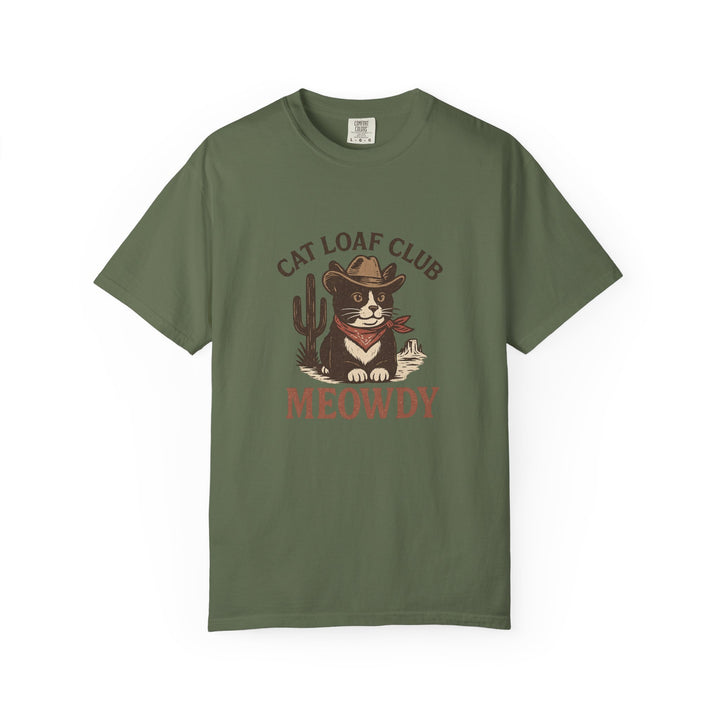 Green t-shirt with a cat graphic and text on a white background