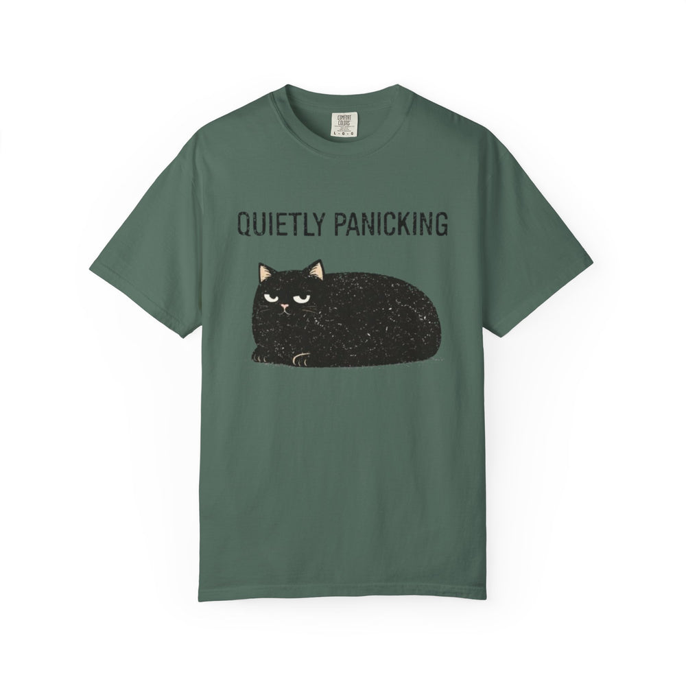 Green t-shirt with a black cat graphic and 'Quietly Panicking' text on a white background