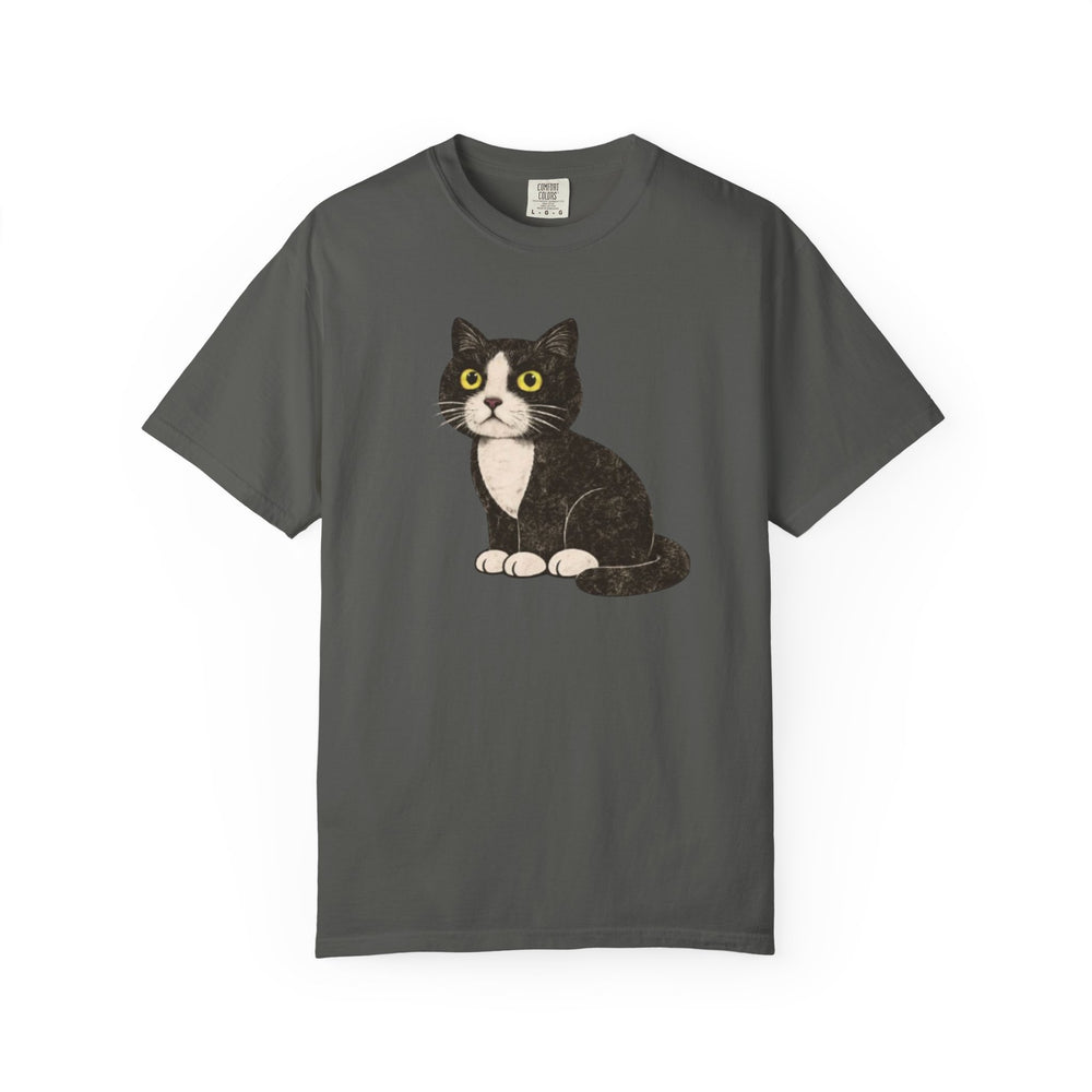 Gray t-shirt with a cat graphic on a white background