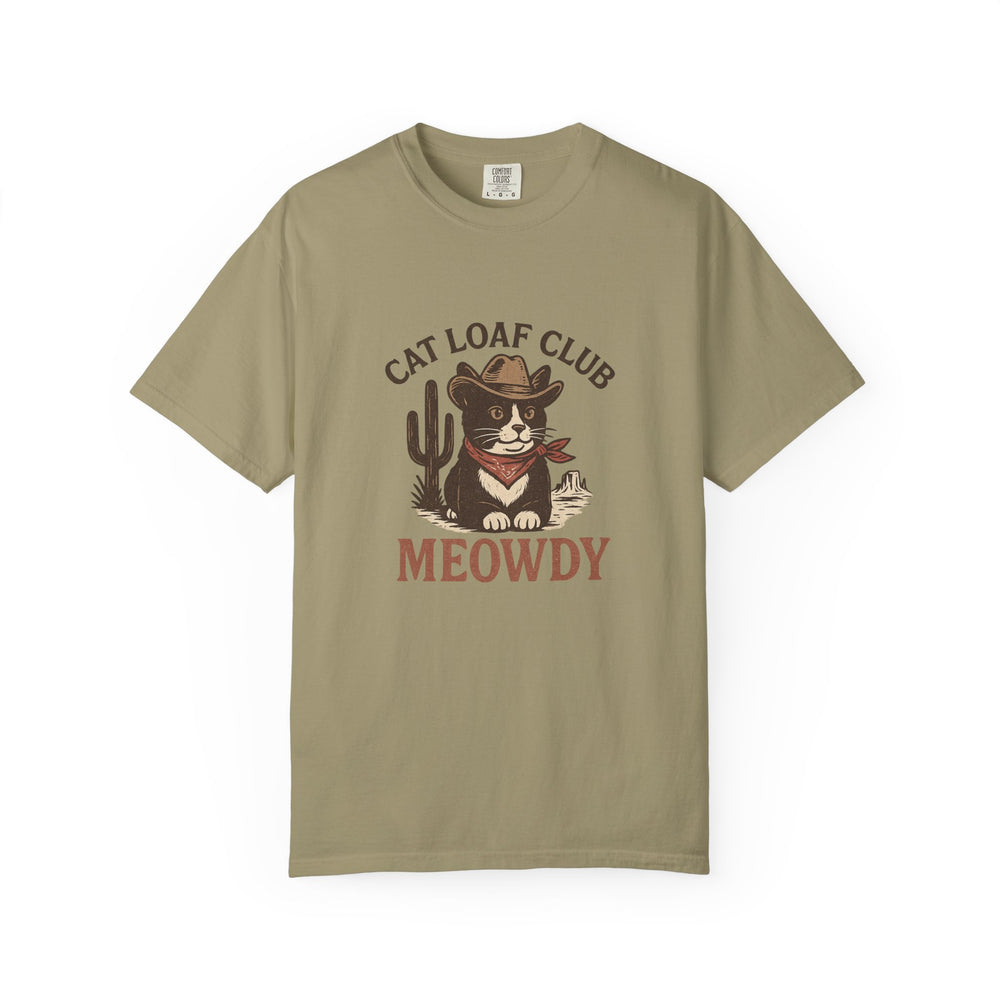 Khaki t-shirt with a cat graphic and text on a white background