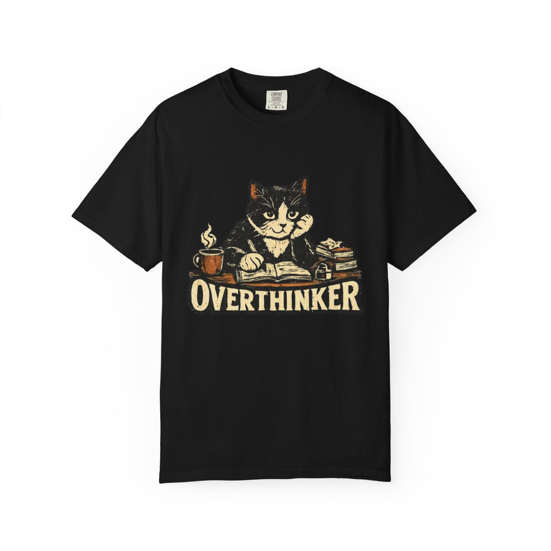 Black t-shirt with a cat graphic and 'Overthinker' text on a white background