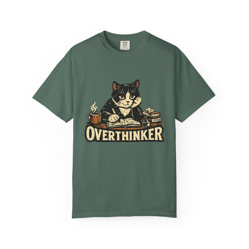 Green t-shirt with a cat graphic and 'Overthinker' text on a white background