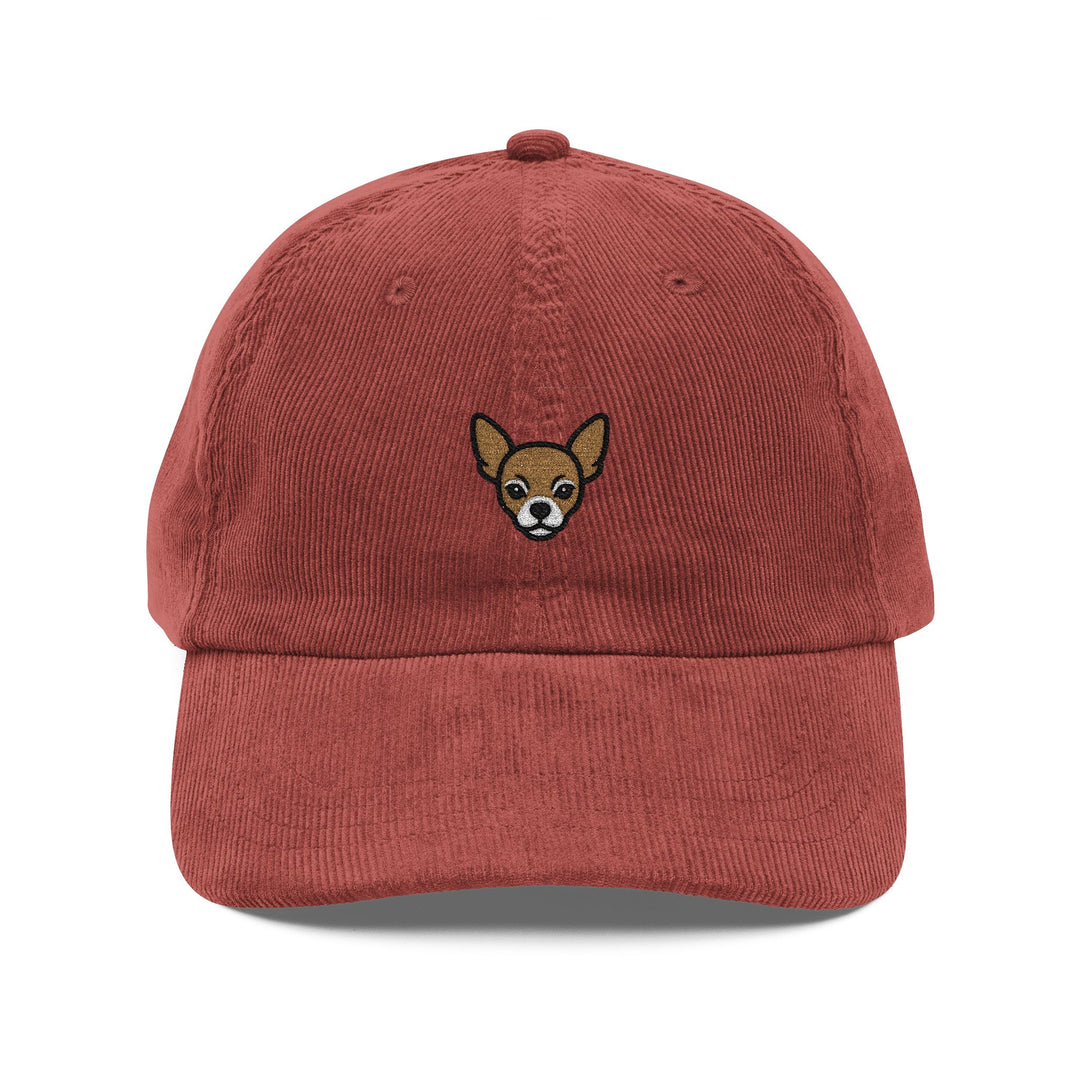 Vintage Corduroy Cap — Embroidered Chihuahua Patch Hat Burgundy One size